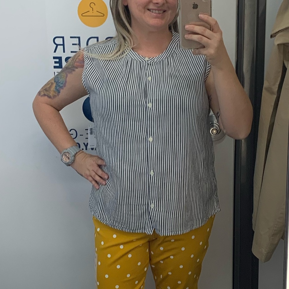 Grey and White Striped Sleeveless Button Down